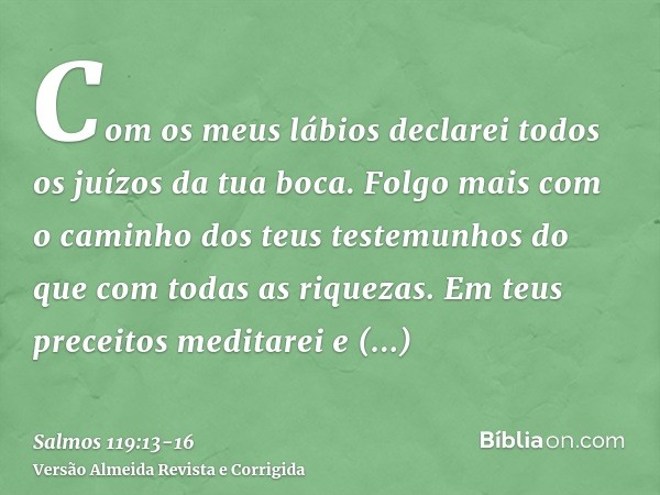 Com os meus lábios declarei todos os juízos da tua boca.Folgo mais com o caminho dos teus testemunhos do que com todas as riquezas.Em teus preceitos meditarei e