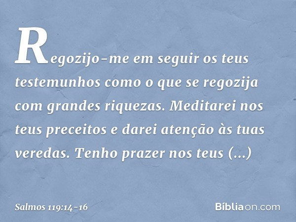 Regozijo-me em seguir os teus testemunhos
como o que se regozija com grandes riquezas. Meditarei nos teus preceitos
e darei atenção às tuas veredas. Tenho praze