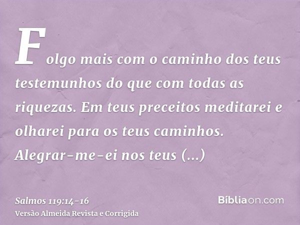 Folgo mais com o caminho dos teus testemunhos do que com todas as riquezas.Em teus preceitos meditarei e olharei para os teus caminhos.Alegrar-me-ei nos teus es