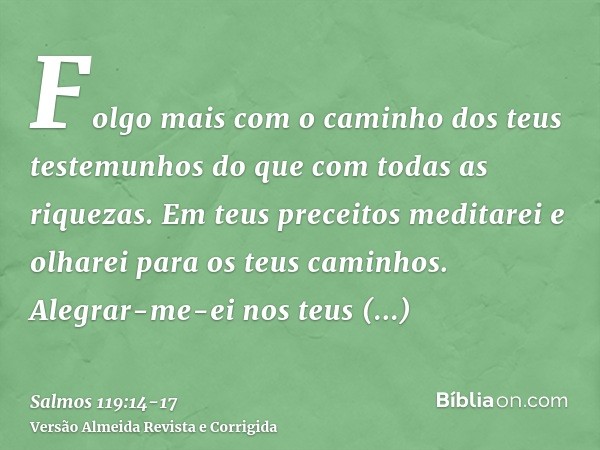 Folgo mais com o caminho dos teus testemunhos do que com todas as riquezas.Em teus preceitos meditarei e olharei para os teus caminhos.Alegrar-me-ei nos teus es