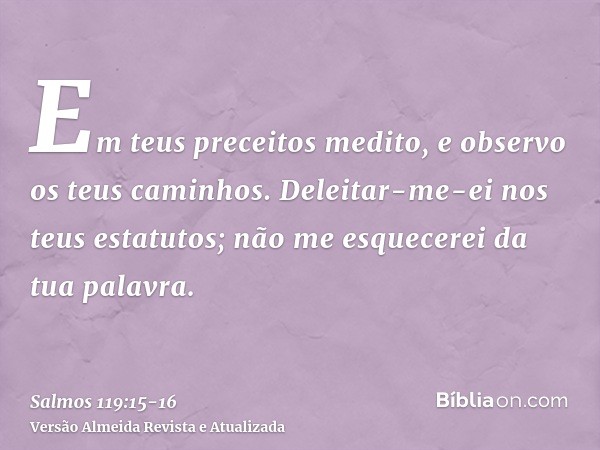 Em teus preceitos medito, e observo os teus caminhos.Deleitar-me-ei nos teus estatutos; não me esquecerei da tua palavra.