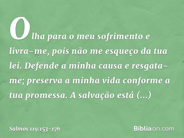 Olha para o meu sofrimento e livra-me,
pois não me esqueço da tua lei. Defende a minha causa e resgata-me;
preserva a minha vida
conforme a tua promessa. A salv