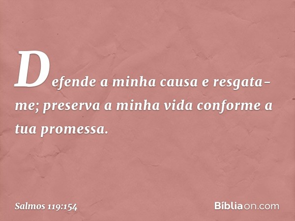 Defende a minha causa e resgata-me;
preserva a minha vida
conforme a tua promessa. -- Salmo 119:154