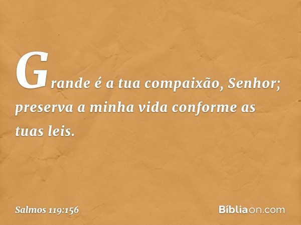 Grande é a tua compaixão, Senhor;
preserva a minha vida conforme as tuas leis. -- Salmo 119:156