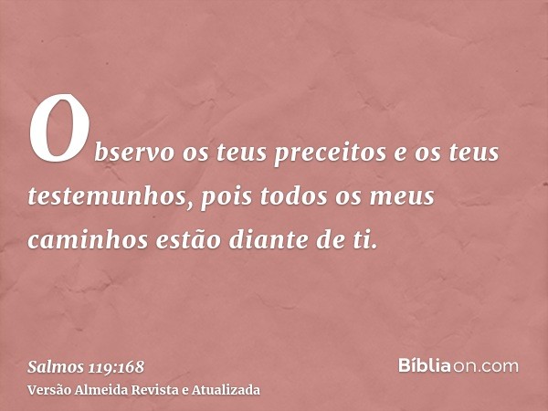 Observo os teus preceitos e os teus testemunhos, pois todos os meus caminhos estão diante de ti.