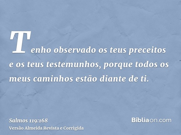 Tenho observado os teus preceitos e os teus testemunhos, porque todos os meus caminhos estão diante de ti.