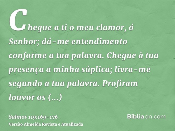 Chegue a ti o meu clamor, ó Senhor; dá-me entendimento conforme a tua palavra.Chegue à tua presença a minha súplica; livra-me segundo a tua palavra.Profiram lou