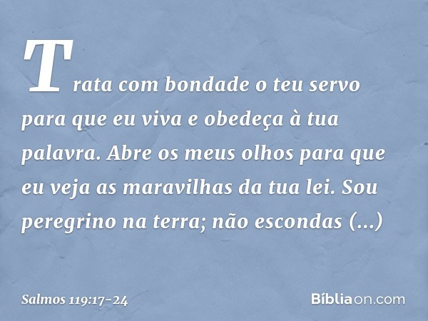 Trata com bondade o teu servo
para que eu viva e obedeça à tua palavra. Abre os meus olhos
para que eu veja as maravilhas da tua lei. Sou peregrino na terra;
nã