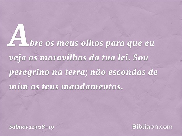 Abre os meus olhos
para que eu veja as maravilhas da tua lei. Sou peregrino na terra;
não escondas de mim os teus
mandamentos. -- Salmo 119:18-19