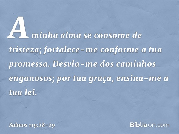 A minha alma se consome de tristeza;
fortalece-me conforme a tua promessa. Desvia-me dos caminhos enganosos;
por tua graça, ensina-me a tua lei. -- Salmo 119:28