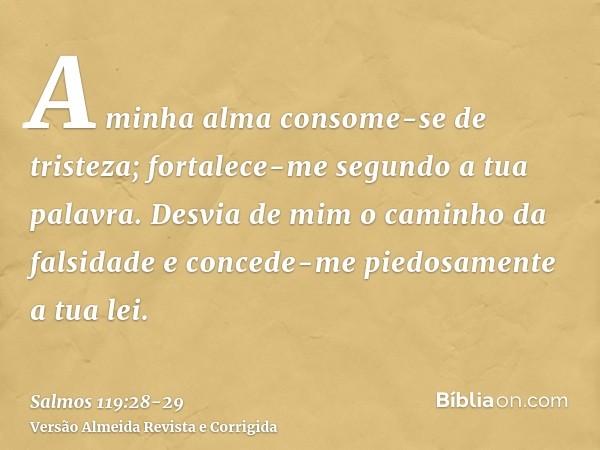 A minha alma consome-se de tristeza; fortalece-me segundo a tua palavra.Desvia de mim o caminho da falsidade e concede-me piedosamente a tua lei.