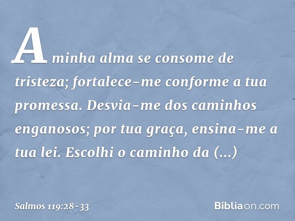 A minha alma se consome de tristeza;
fortalece-me conforme a tua promessa. Desvia-me dos caminhos enganosos;
por tua graça, ensina-me a tua lei. Escolhi o camin