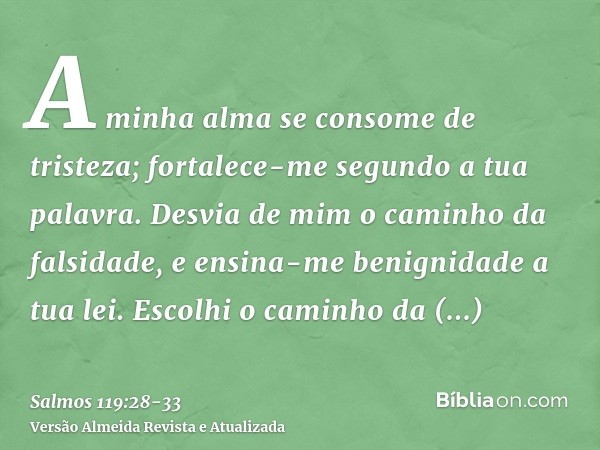 A minha alma se consome de tristeza; fortalece-me segundo a tua palavra.Desvia de mim o caminho da falsidade, e ensina-me benignidade a tua lei.Escolhi o caminh