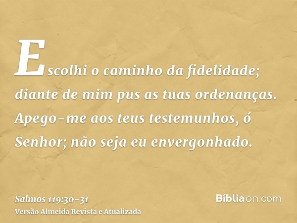 Escolhi o caminho da fidelidade; diante de mim pus as tuas ordenanças.Apego-me aos teus testemunhos, ó Senhor; não seja eu envergonhado.