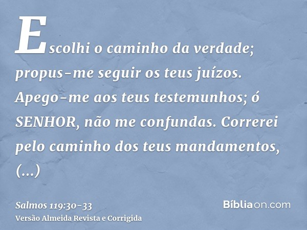 Escolhi o caminho da verdade; propus-me seguir os teus juízos.Apego-me aos teus testemunhos; ó SENHOR, não me confundas.Correrei pelo caminho dos teus mandament