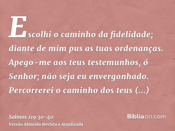 Escolhi o caminho da fidelidade; diante de mim pus as tuas ordenanças.Apego-me aos teus testemunhos, ó Senhor; não seja eu envergonhado.Percorrerei o caminho do