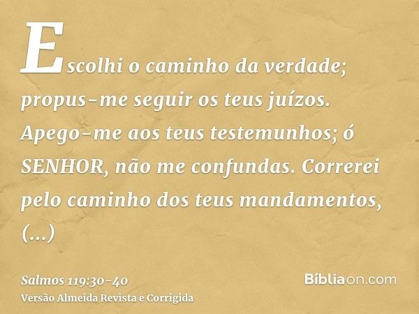 Escolhi o caminho da verdade; propus-me seguir os teus juízos.Apego-me aos teus testemunhos; ó SENHOR, não me confundas.Correrei pelo caminho dos teus mandament