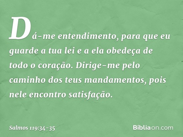 Dá-me entendimento,
para que eu guarde a tua lei
e a ela obedeça de todo o coração. Dirige-me pelo caminho
dos teus mandamentos,
pois nele encontro satisfação. 