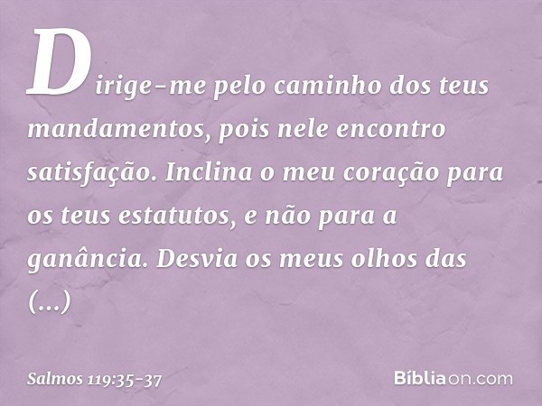 Dirige-me pelo caminho
dos teus mandamentos,
pois nele encontro satisfação. Inclina o meu coração para os teus estatutos,
e não para a ganância. Desvia os meus