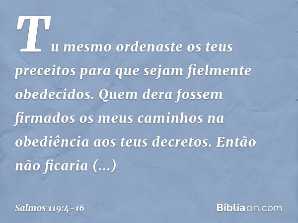 Tu mesmo ordenaste os teus preceitos
para que sejam fielmente obedecidos. Quem dera fossem firmados os meus caminhos
na obediência aos teus decretos. Então não 