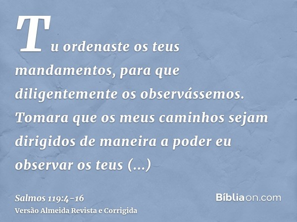 Tu ordenaste os teus mandamentos, para que diligentemente os observássemos.Tomara que os meus caminhos sejam dirigidos de maneira a poder eu observar os teus es