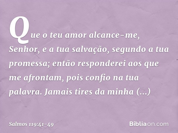 Que o teu amor alcance-me, Senhor,
e a tua salvação, segundo a tua promessa; então responderei aos que me afrontam,
pois confio na tua palavra. Jamais tires da 