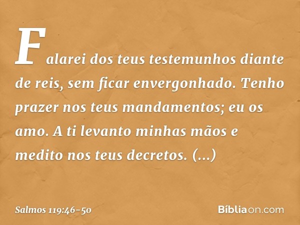 Falarei dos teus testemunhos diante de reis,
sem ficar envergonhado. Tenho prazer nos teus mandamentos;
eu os amo. A ti levanto minhas mãos
e medito nos teus de