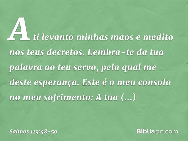 A ti levanto minhas mãos
e medito nos teus decretos. Lembra-te da tua palavra ao teu servo,
pela qual me deste esperança. Este é o meu consolo no meu sofrimento