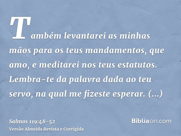 Também levantarei as minhas mãos para os teus mandamentos, que amo, e meditarei nos teus estatutos.Lembra-te da palavra dada ao teu servo, na qual me fizeste es