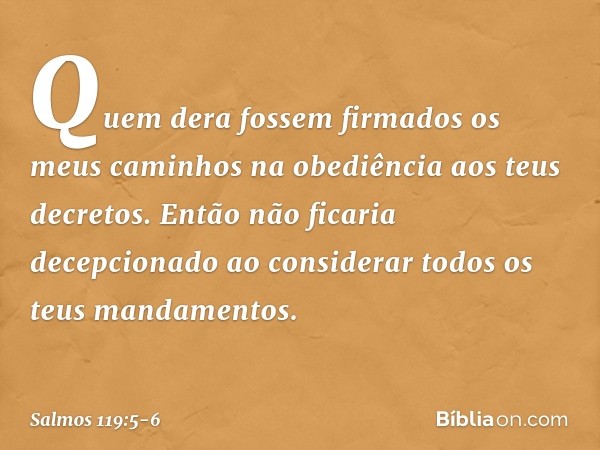 Quem dera fossem firmados os meus caminhos
na obediência aos teus decretos. Então não ficaria decepcionado
ao considerar todos os teus mandamentos. -- Salmo 119