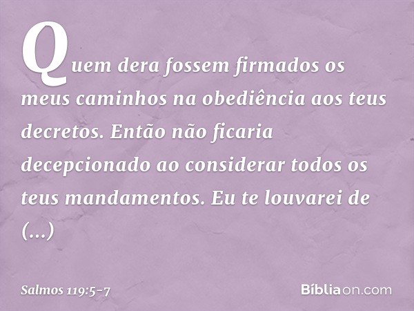 Quem dera fossem firmados os meus caminhos
na obediência aos teus decretos. Então não ficaria decepcionado
ao considerar todos os teus mandamentos. Eu te louvar