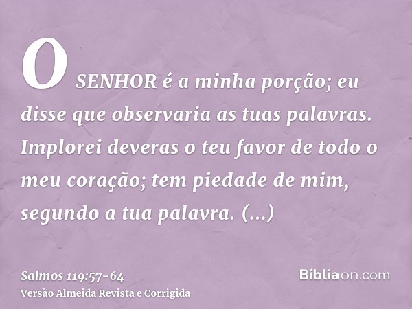 O SENHOR é a minha porção; eu disse que observaria as tuas palavras.Implorei deveras o teu favor de todo o meu coração; tem piedade de mim, segundo a tua palavr