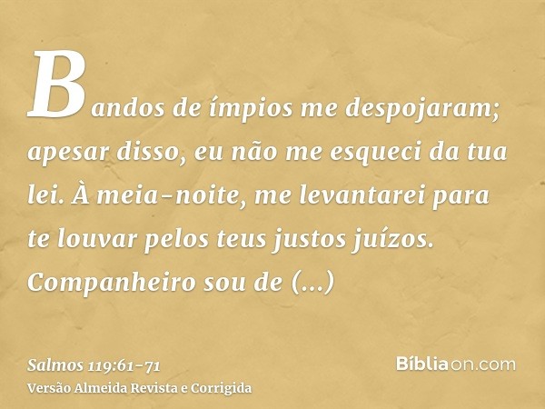 Bandos de ímpios me despojaram; apesar disso, eu não me esqueci da tua lei.À meia-noite, me levantarei para te louvar pelos teus justos juízos.Companheiro sou d