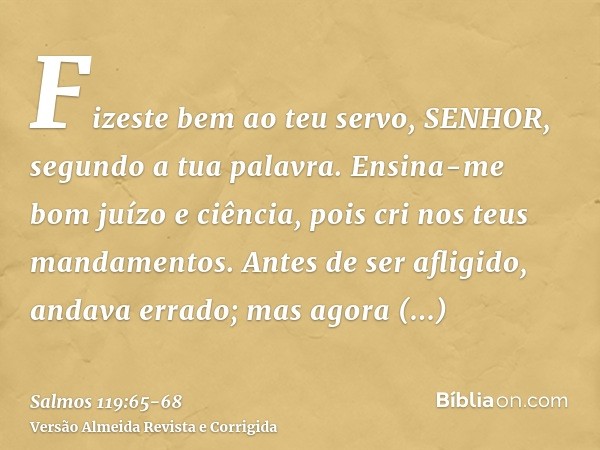 Fizeste bem ao teu servo, SENHOR, segundo a tua palavra.Ensina-me bom juízo e ciência, pois cri nos teus mandamentos.Antes de ser afligido, andava errado; mas a