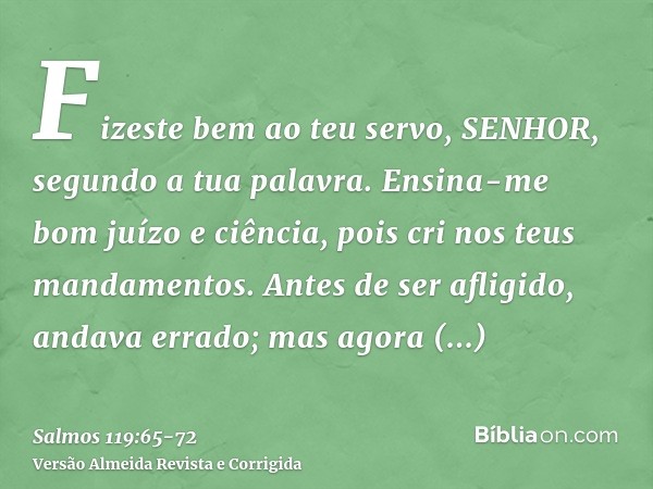 Fizeste bem ao teu servo, SENHOR, segundo a tua palavra.Ensina-me bom juízo e ciência, pois cri nos teus mandamentos.Antes de ser afligido, andava errado; mas a