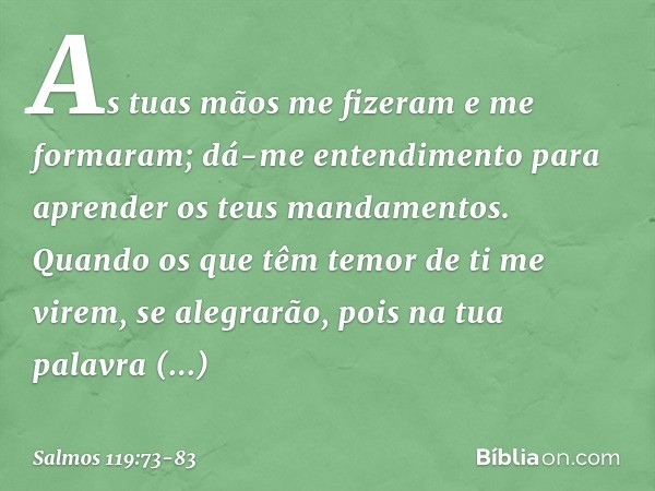 As tuas mãos me fizeram e me formaram;
dá-me entendimento para aprender
os teus mandamentos. Quando os que têm temor de ti me virem,
se alegrarão,
pois na tua p