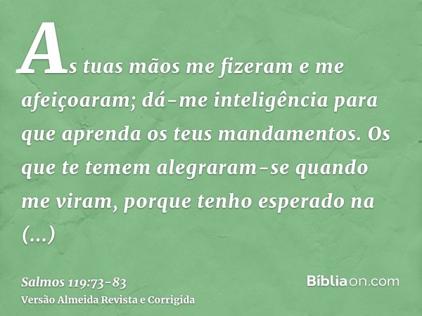 As tuas mãos me fizeram e me afeiçoaram; dá-me inteligência para que aprenda os teus mandamentos.Os que te temem alegraram-se quando me viram, porque tenho espe