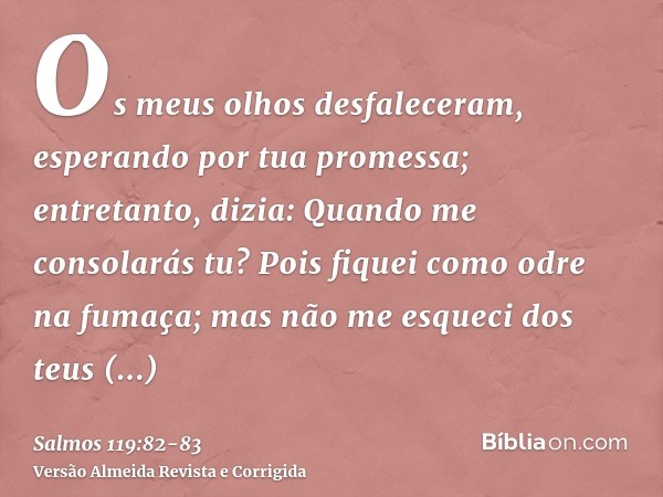 Os meus olhos desfaleceram, esperando por tua promessa; entretanto, dizia: Quando me consolarás tu?Pois fiquei como odre na fumaça; mas não me esqueci dos teus 