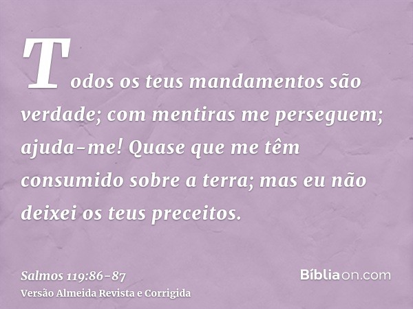 Todos os teus mandamentos são verdade; com mentiras me perseguem; ajuda-me!Quase que me têm consumido sobre a terra; mas eu não deixei os teus preceitos.