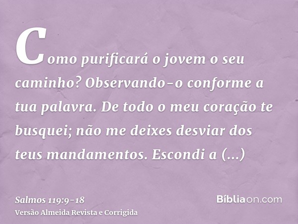 Como purificará o jovem o seu caminho? Observando-o conforme a tua palavra.De todo o meu coração te busquei; não me deixes desviar dos teus mandamentos.Escondi 