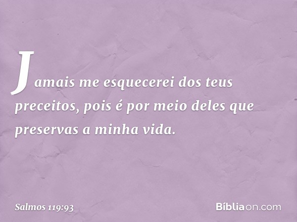 Jamais me esquecerei dos teus preceitos,
pois é por meio deles
que preservas a minha vida. -- Salmo 119:93