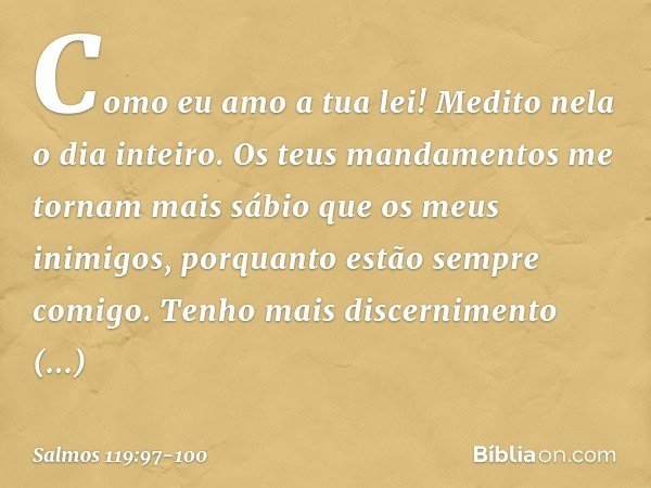 Como eu amo a tua lei!
Medito nela o dia inteiro. Os teus mandamentos me tornam
mais sábio que os meus inimigos,
porquanto estão sempre comigo. Tenho mais disce