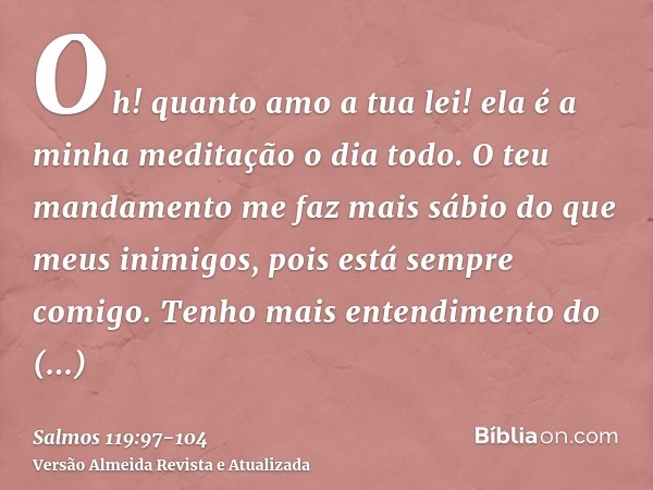 Oh! quanto amo a tua lei! ela é a minha meditação o dia todo.O teu mandamento me faz mais sábio do que meus inimigos, pois está sempre comigo.Tenho mais entendi