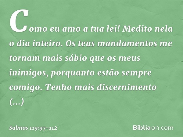 Como eu amo a tua lei!
Medito nela o dia inteiro. Os teus mandamentos me tornam
mais sábio que os meus inimigos,
porquanto estão sempre comigo. Tenho mais disce