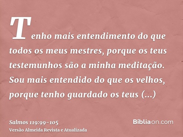 Tenho mais entendimento do que todos os meus mestres, porque os teus testemunhos são a minha meditação.Sou mais entendido do que os velhos, porque tenho guardad