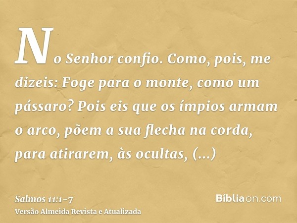 No Senhor confio. Como, pois, me dizeis: Foge para o monte, como um pássaro?Pois eis que os ímpios armam o arco, põem a sua flecha na corda, para atirarem, às o