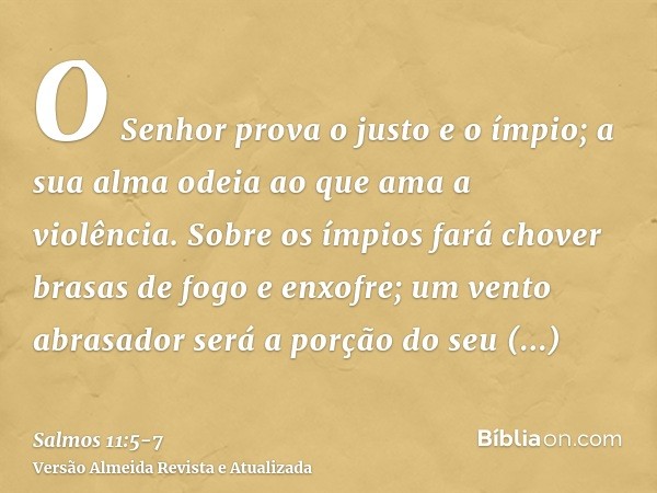 O Senhor prova o justo e o ímpio; a sua alma odeia ao que ama a violência.Sobre os ímpios fará chover brasas de fogo e enxofre; um vento abrasador será a porção