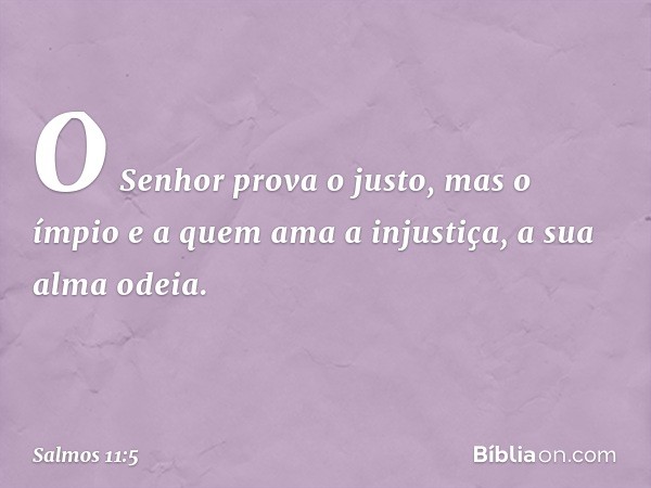 O Senhor prova o justo,
mas o ímpio e a quem ama a injustiça,
a sua alma odeia. -- Salmo 11:5