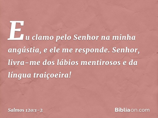 Eu clamo pelo Senhor na minha angústia,
e ele me responde. Senhor, livra-me dos lábios mentirosos
e da língua traiçoeira! -- Salmo 120:1-2