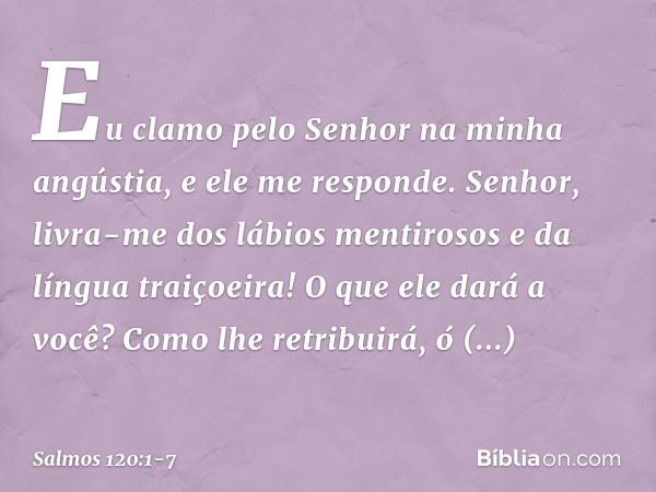 Eu clamo pelo Senhor na minha angústia,
e ele me responde. Senhor, livra-me dos lábios mentirosos
e da língua traiçoeira! O que ele dará a você?
Como lhe retrib